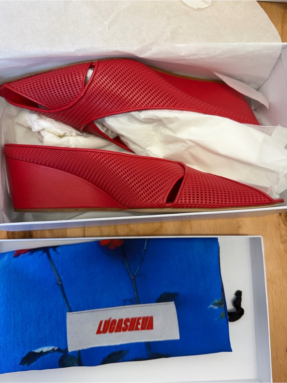Lucasheva Angel Mule Pump in Red leather pointed toe wedge heel sandal - Picture 5 of 11